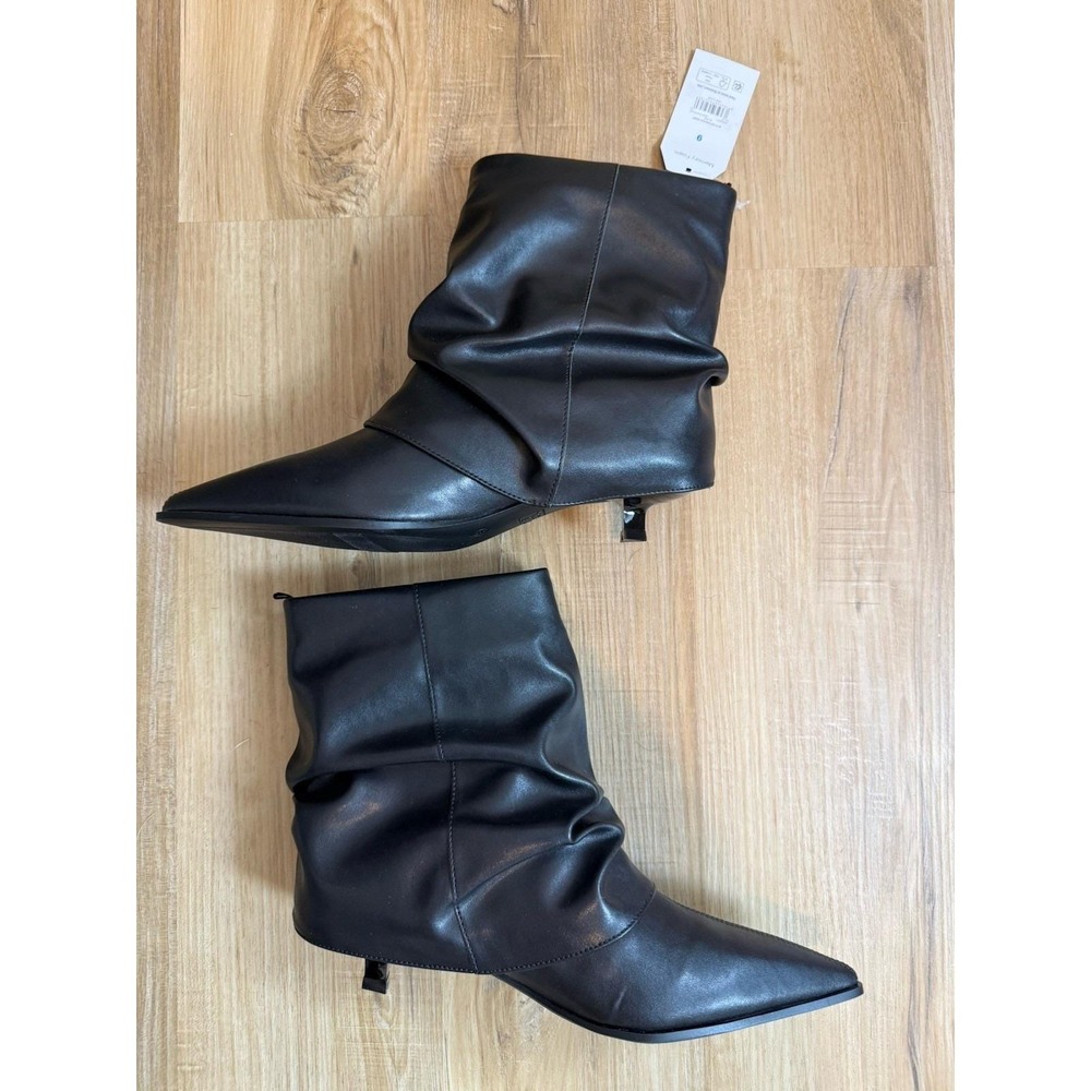 Time And Tru Black Scrunch Fold Over Pointed Toe Kitten Heel Boots Womens Sz 9 - Picture 8 of 9